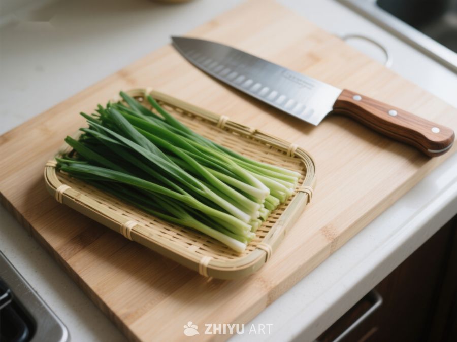 竹篮青葱与木柄刀置于砧板 602