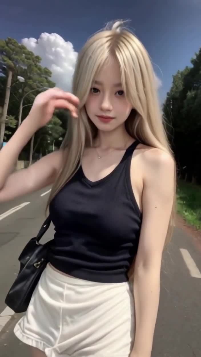 一位有着金色长发的年轻女子站在一条路边，她穿着一件