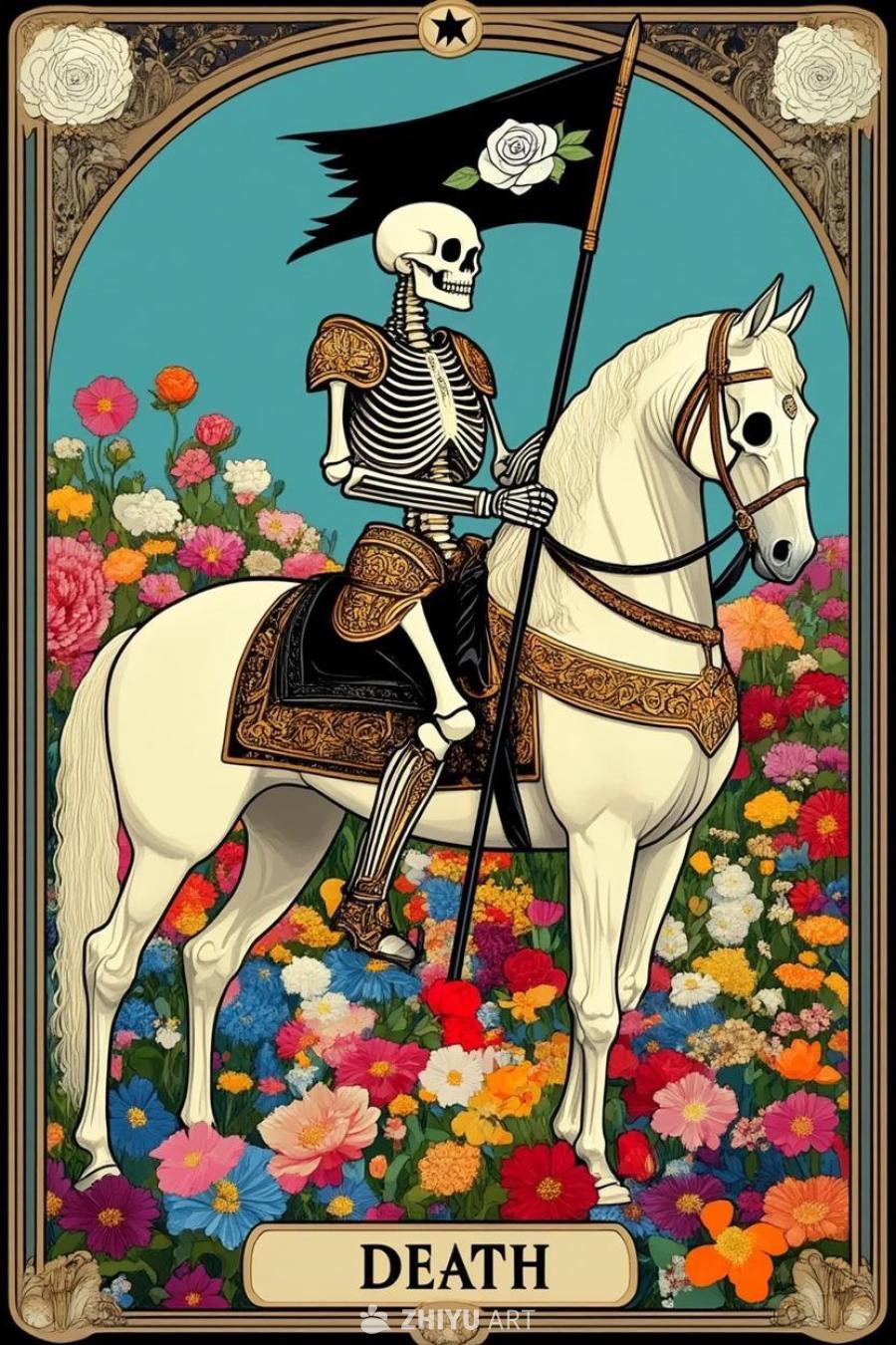 塔罗牌-死亡，一个穿着盔甲的骨骼人物骑在一匹苍白的