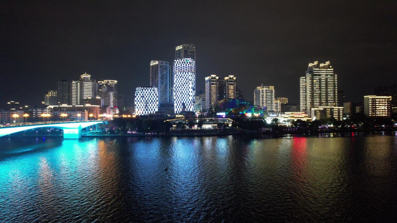 广西柳州市中心夜景灯光航拍 