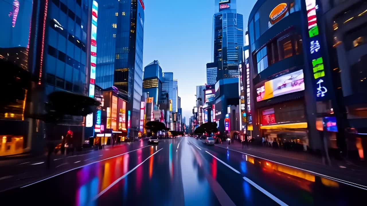 高耸的建筑林立，街道上车水马龙，霓虹灯闪烁，路面在