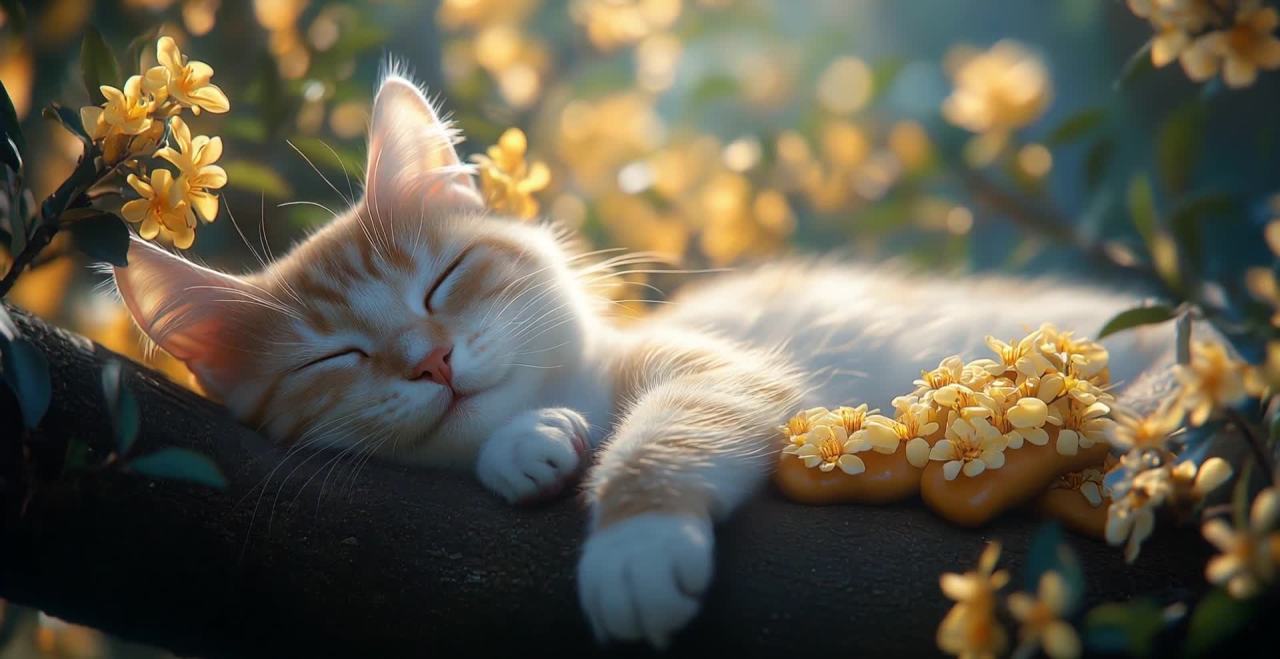树枝上的猫咪在花丛中安详地闭眼休憩