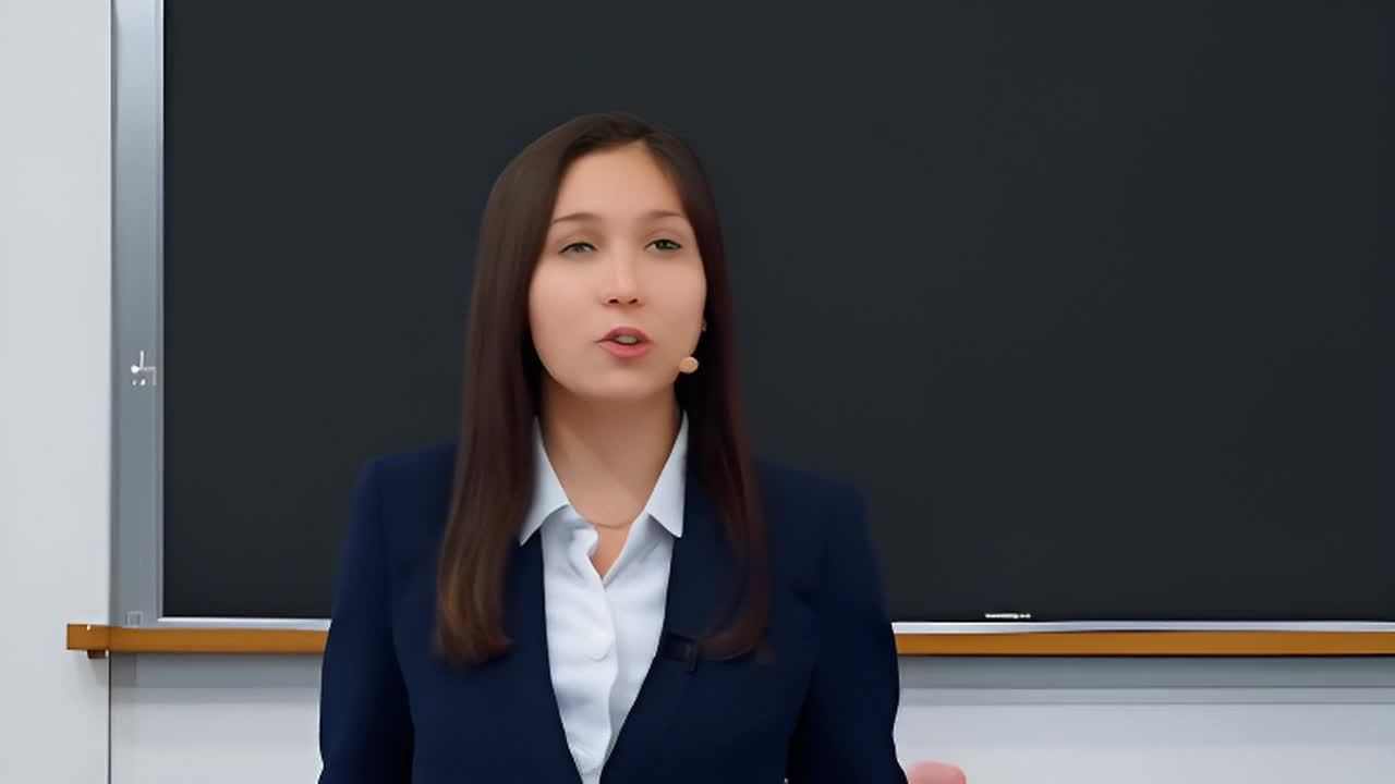 一位女士穿着蓝色西装和白色衬衫，站在一块空白的黑色