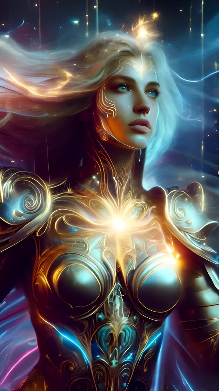 一位金发女性穿着金色和银色的盔甲，背景是星空。她的