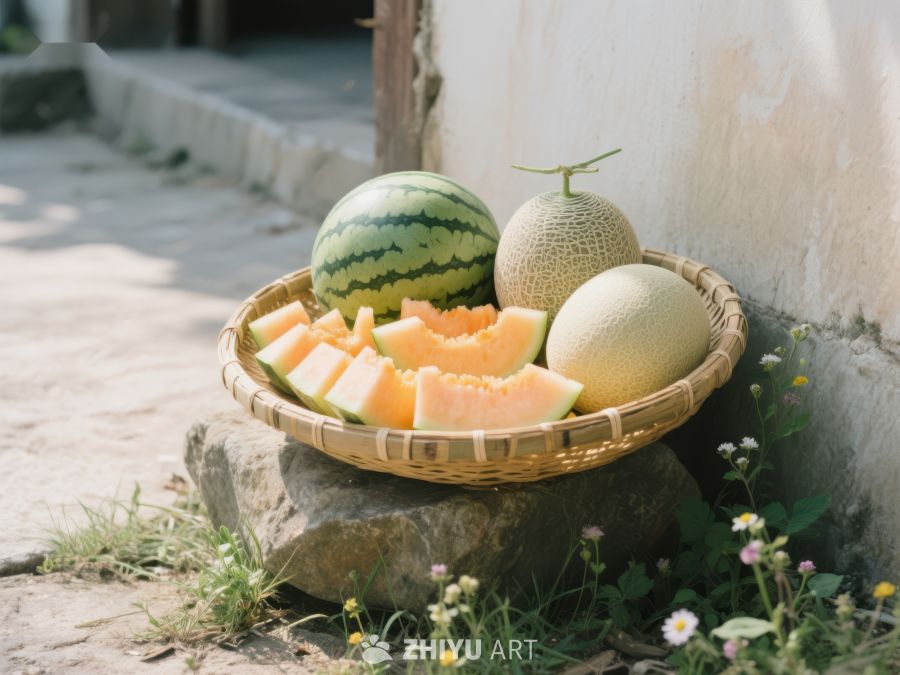 竹篮中的西瓜与甜瓜 810