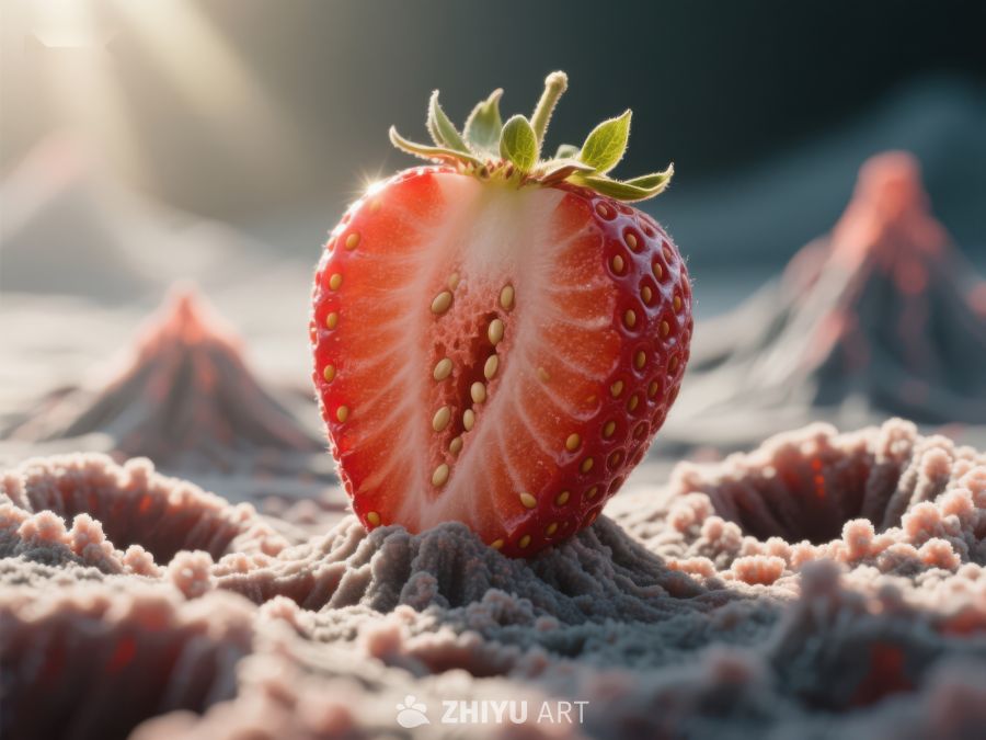 切开的草莓置于奇异地貌之上 383