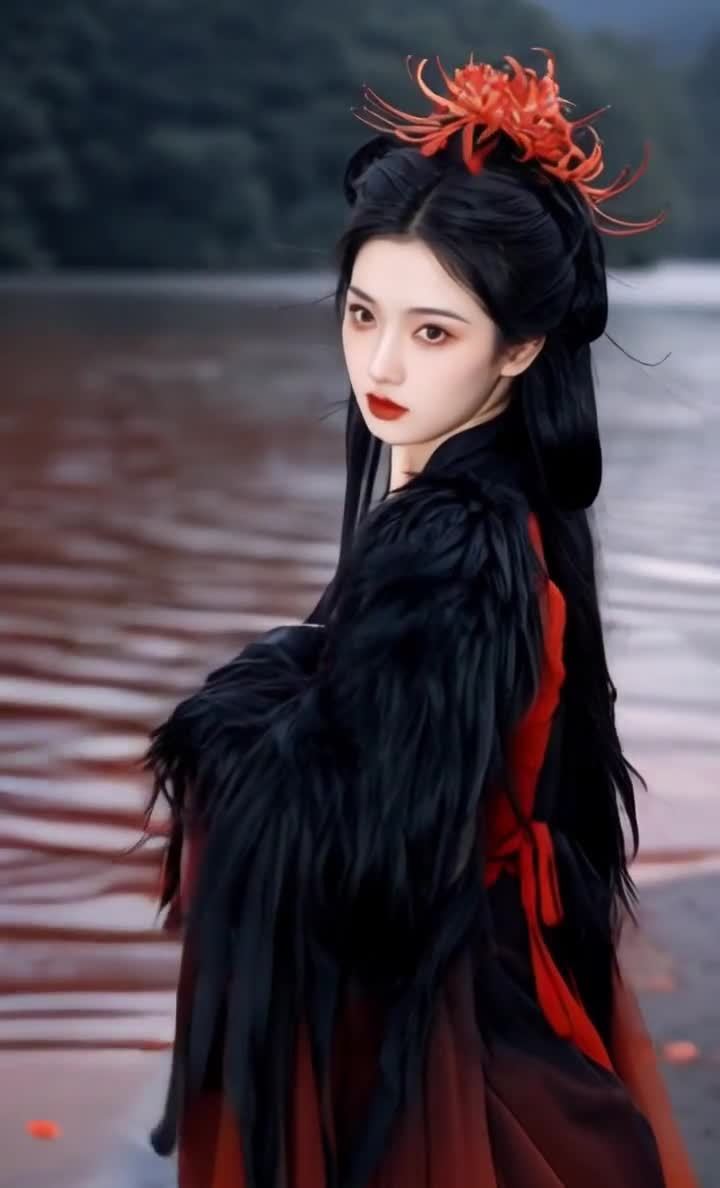 水边着羽毛服饰的古风美人，头戴红花妆容精致。
