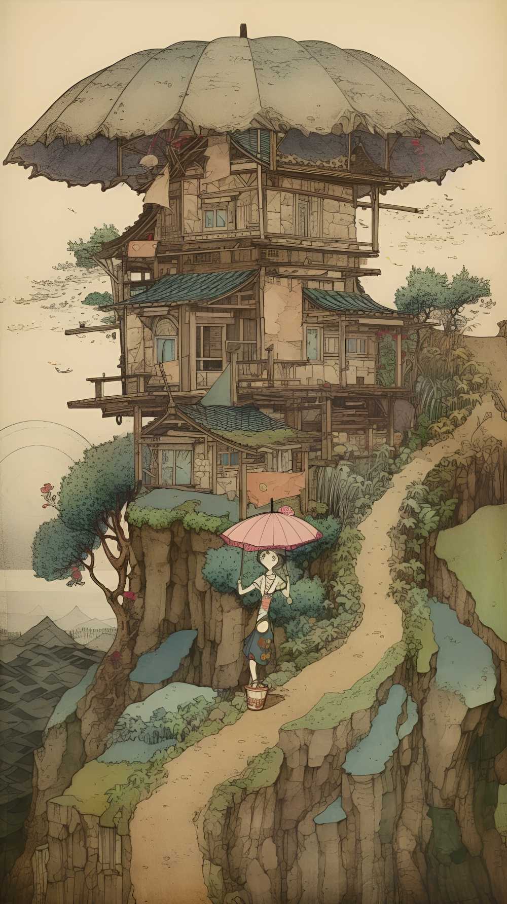 拿着伞的动画片女孩
