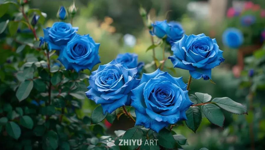 花园中生长着美丽的蓝色玫瑰，玫瑰花瓣层层叠叠，花朵