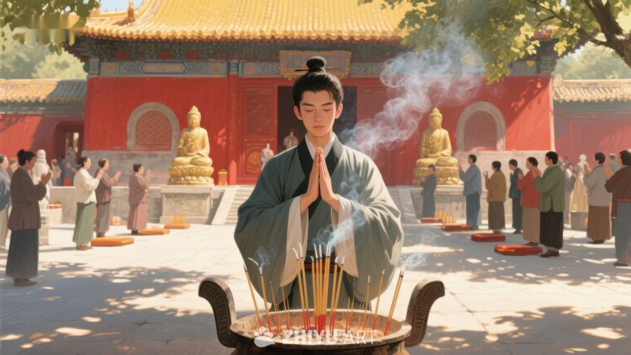 古装人物在寺庙前焚香祈福 251