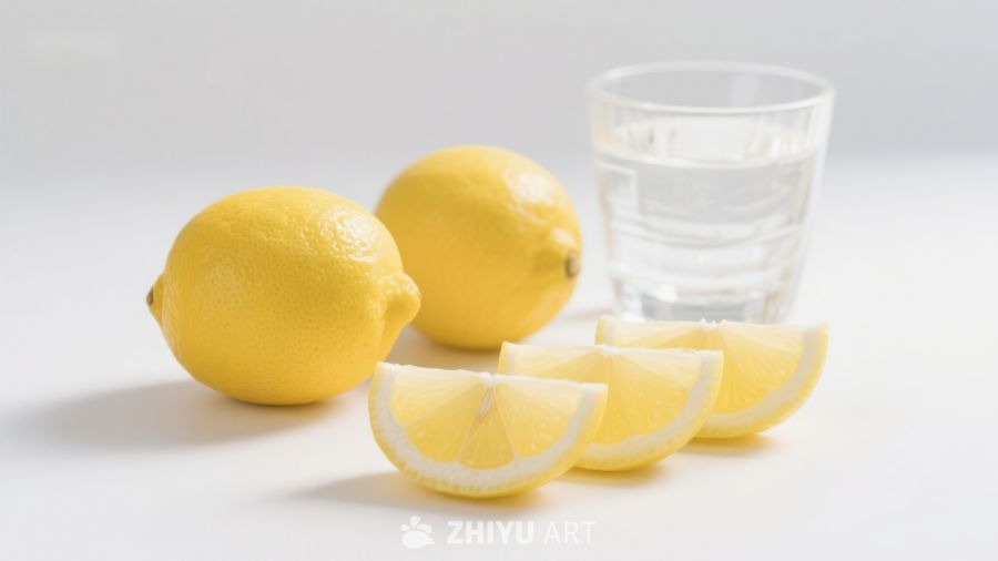 新鲜柠檬与清水玻璃杯