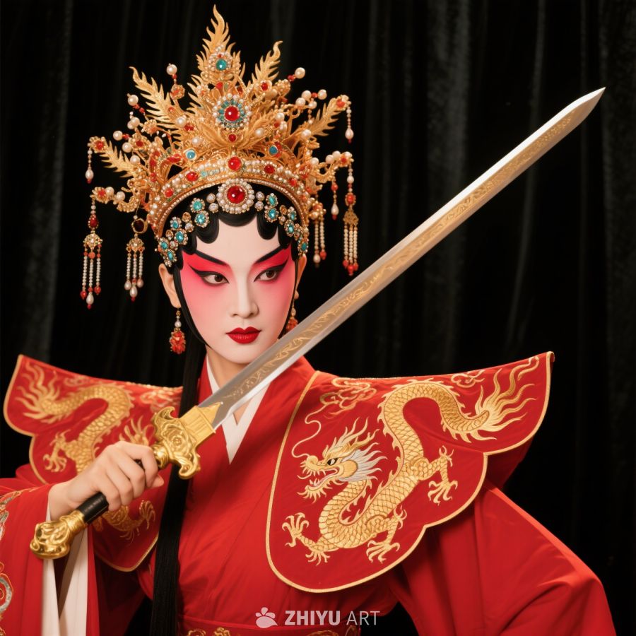 京剧国风复古装饰头像女、复古、手持佩剑