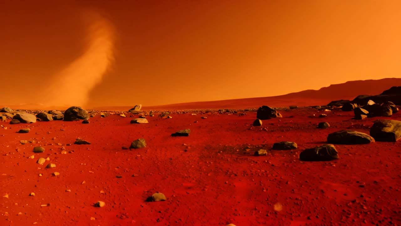 火星表面，地面有石头，背景中有一个尘卷风。