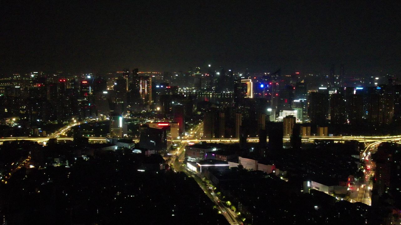 浙江杭州城市夜景灯光交通车两行驶航拍 