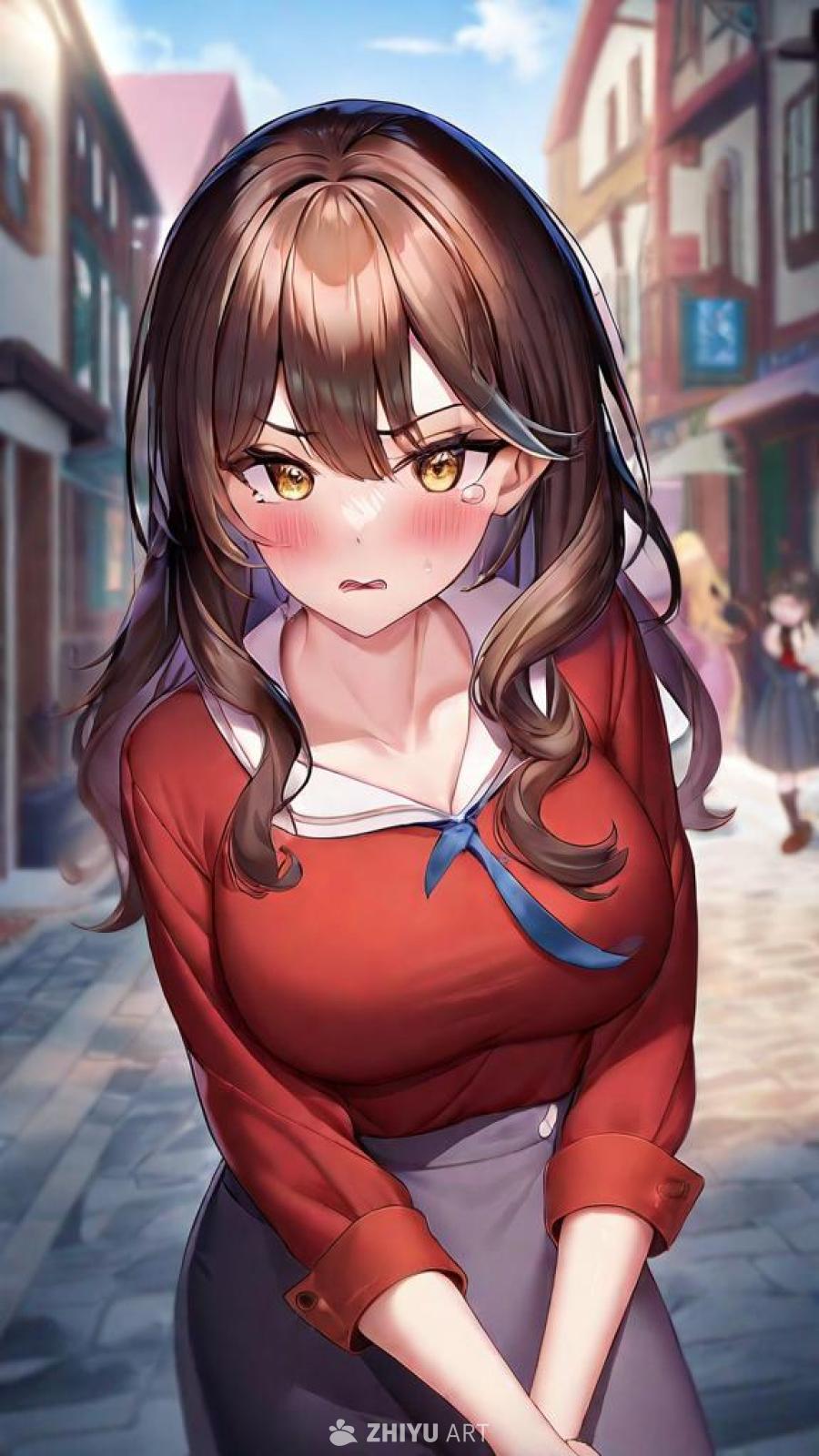 街景中，一个动画风格的女子站在街道上，面带怒色，眼