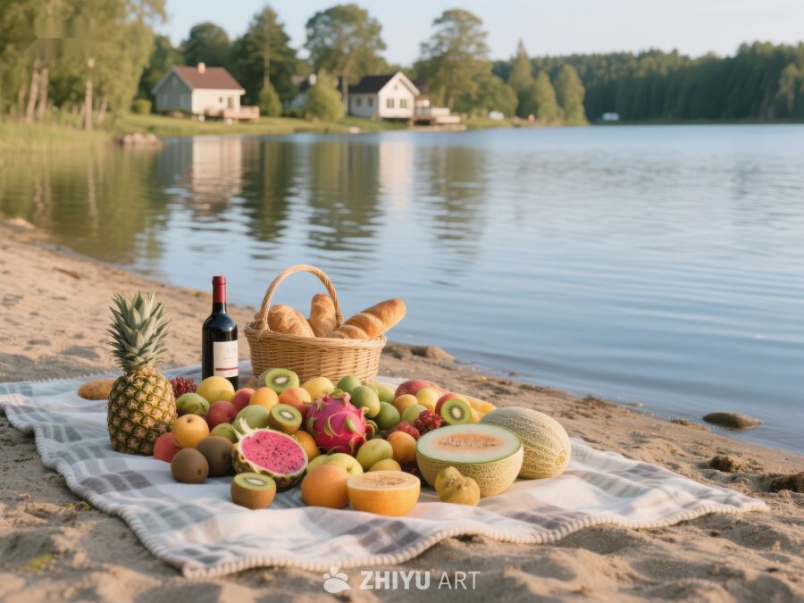 湖畔沙滩上的水果野餐 244