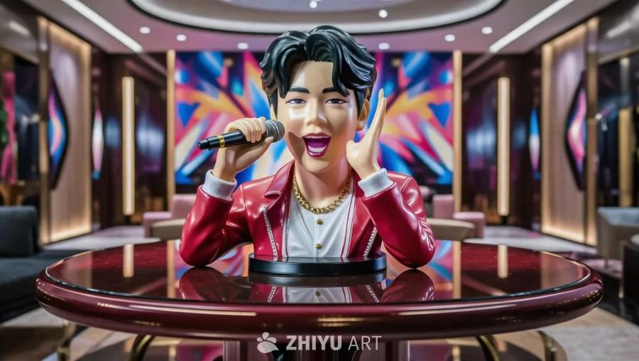 一个身穿红色外套，戴着金色项链的 Kpop 歌手 