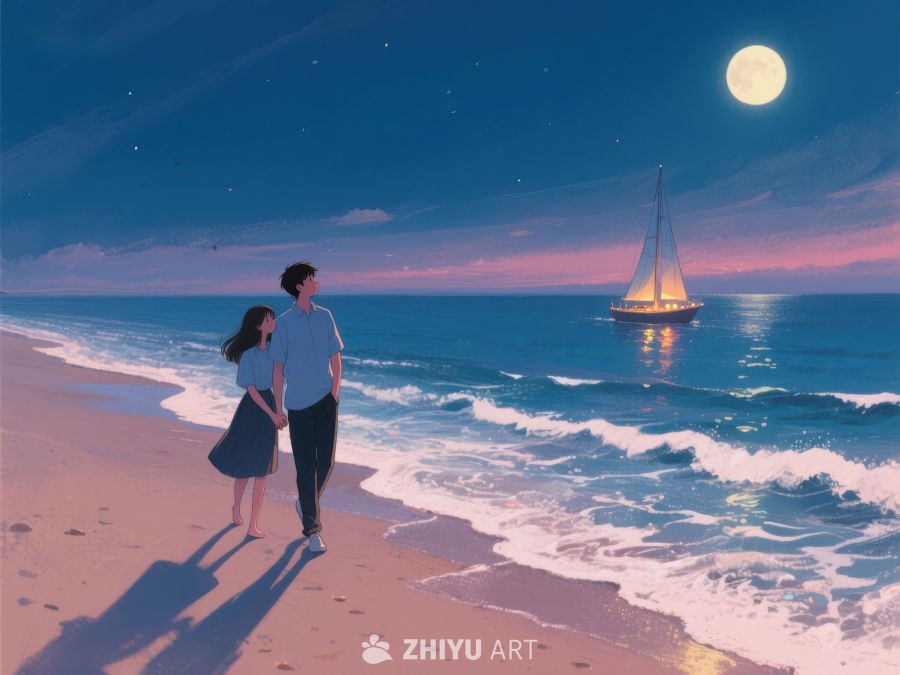 月下海滩漫步，帆船远航 1107