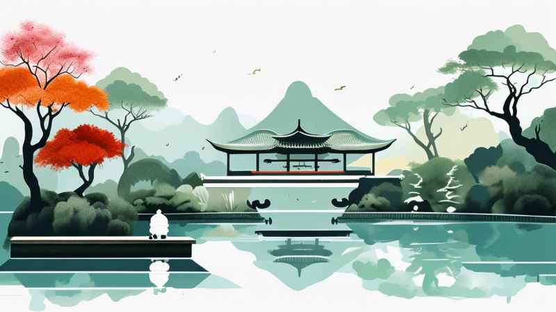 中国画园林植物水亭子插画 2