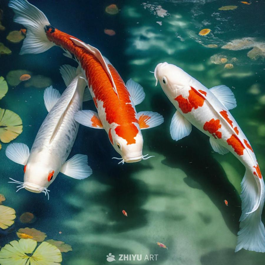 水中可见三条锦鲤，其中一条为橙色和白色相间，另两条
