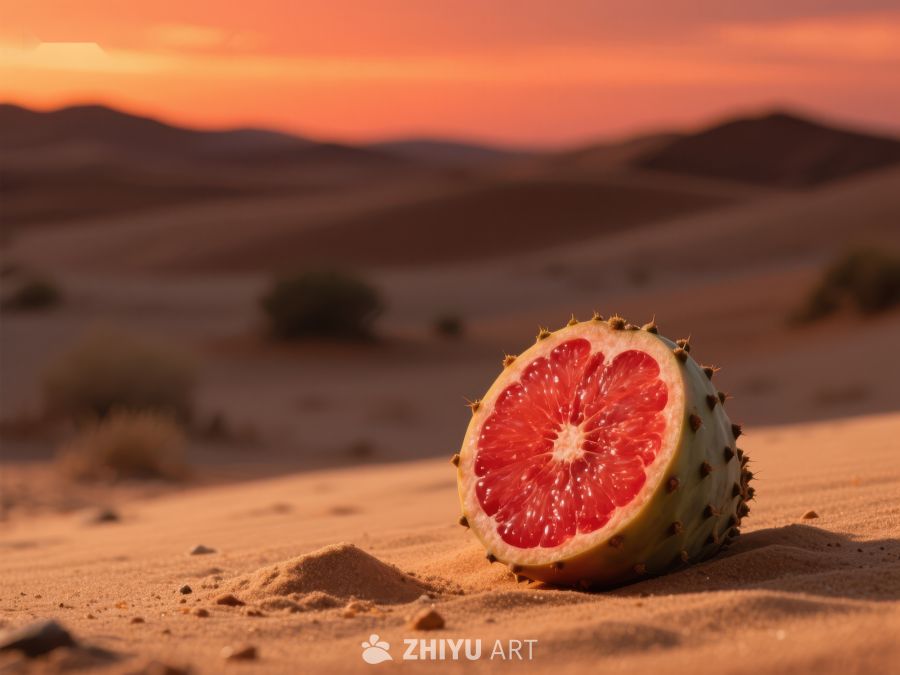 沙漠日落中的切开仙人掌果 491