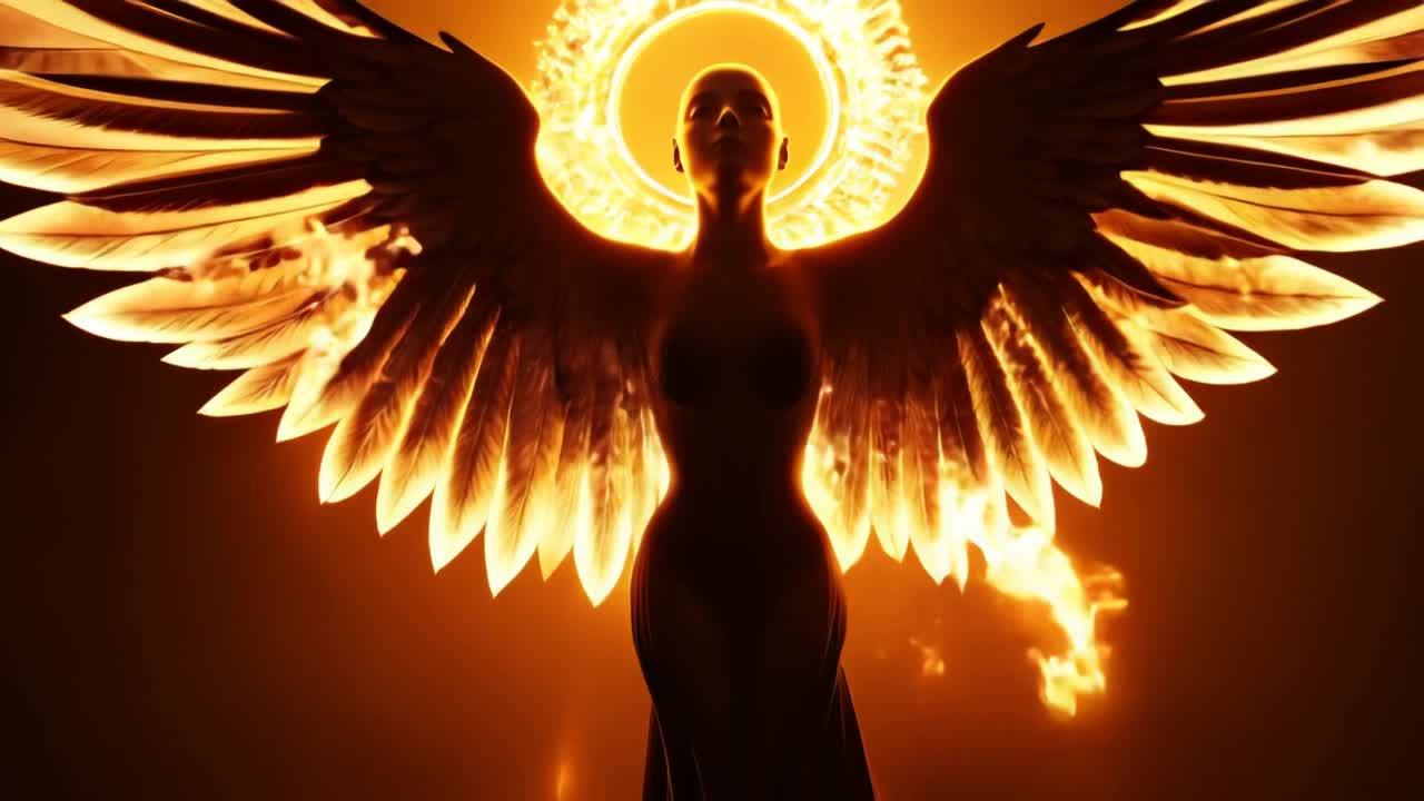 一位六翼天使张开翅膀，被空灵的火焰包围。火焰在人物