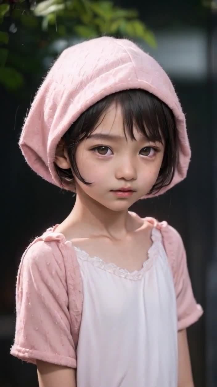 戴粉色帽子的女孩专注地凝视镜头