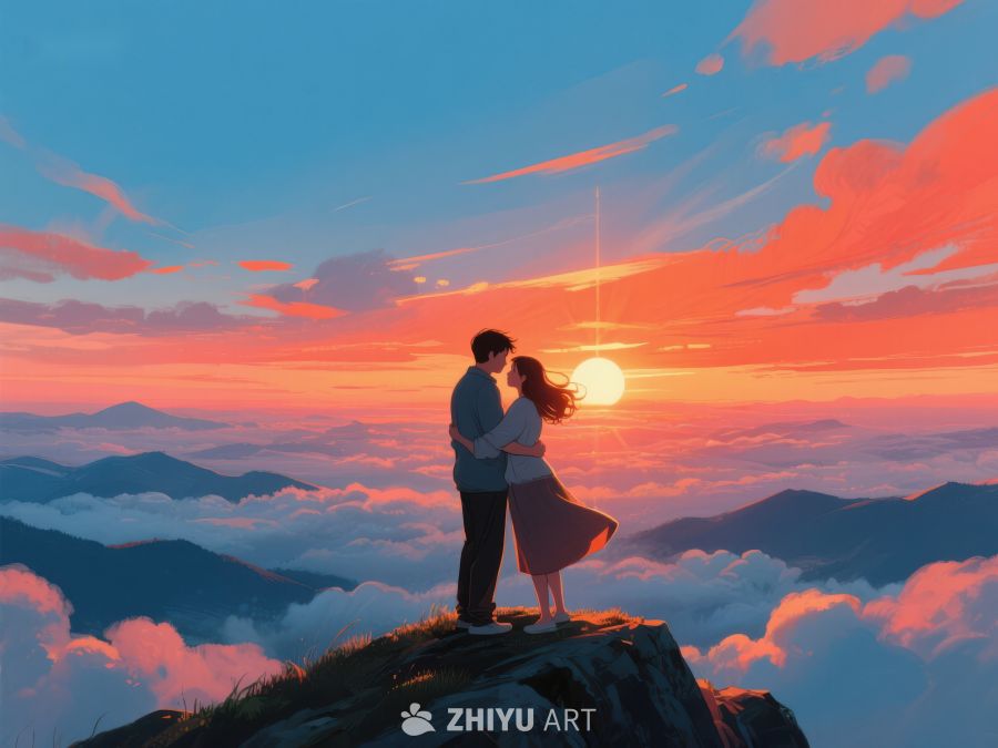 山顶情侣拥抱，夕阳映照云海 650