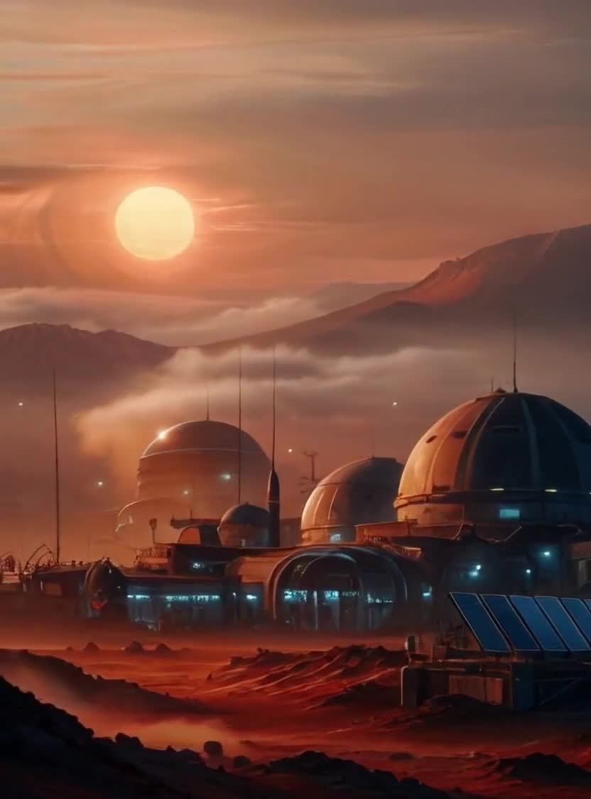 红色星球上的穹顶建筑与太阳能面板