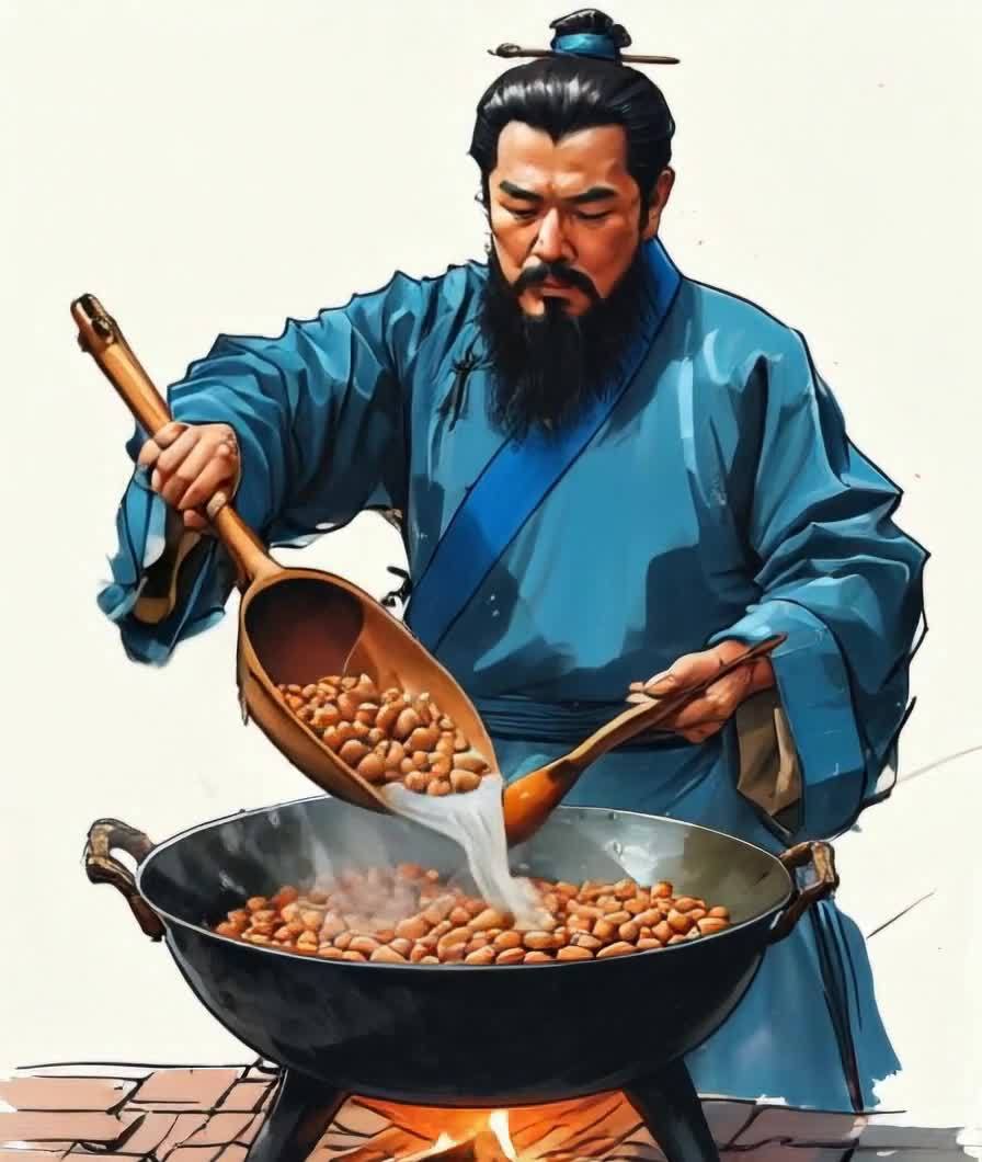 古人烹豆：长袍男子灶台煮豆