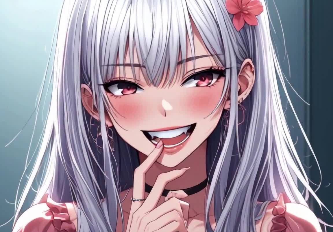一个年轻女子，有着灰色的长发，红色的眼睛和脸颊上的