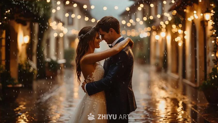 一对情侣在下雨的街道上拥抱。女子身穿白色蕾丝婚纱，