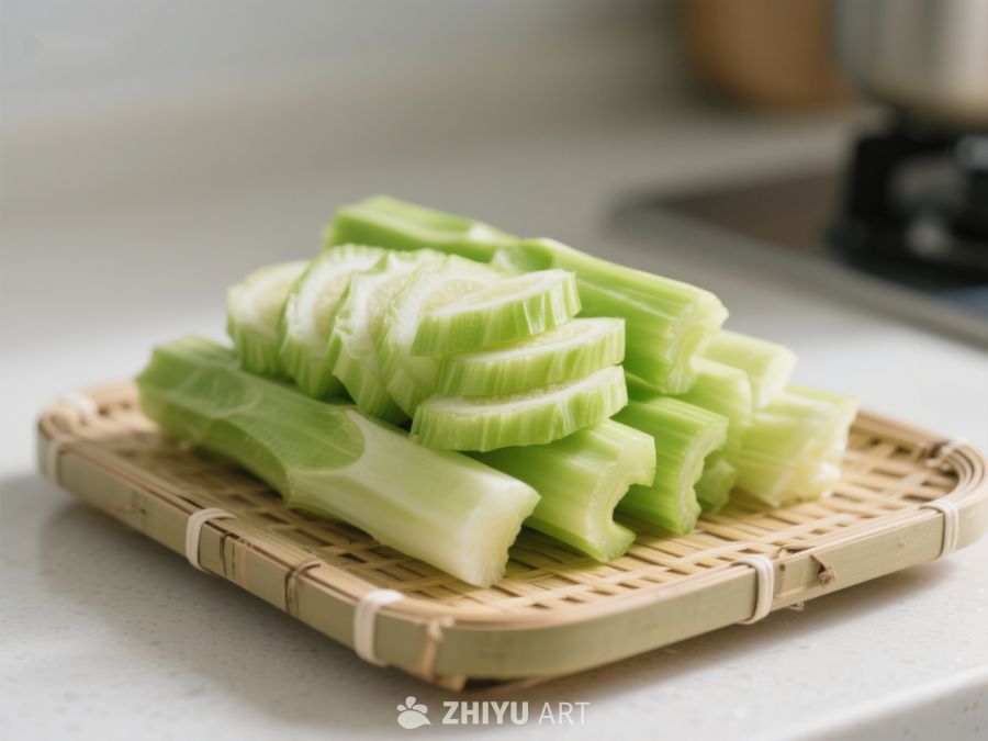 切片黄瓜置于竹制砧板上 325