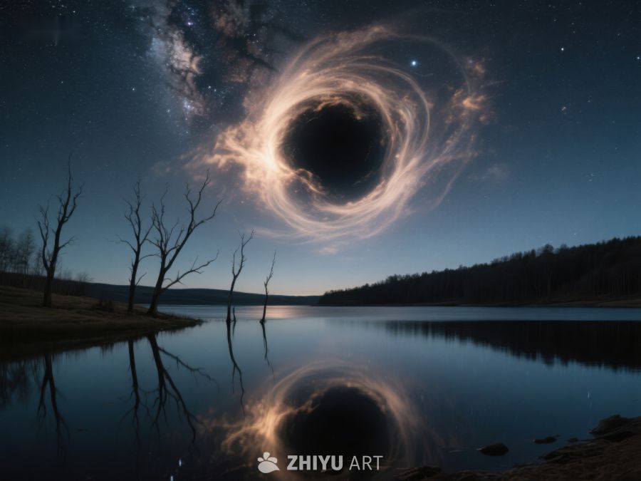 夜空黑洞映湖面，枯树倒影添神秘 250