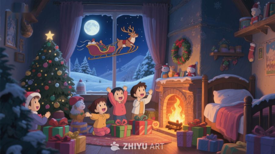 温馨圣诞夜，孩子窗前看雪橇 261