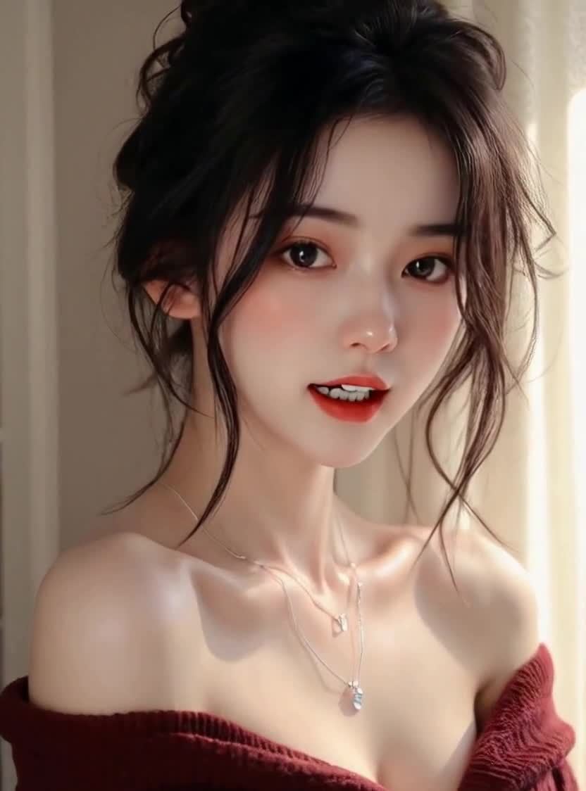 一个年轻女子，她有着深色的头发，部分盘起，脸颊上有