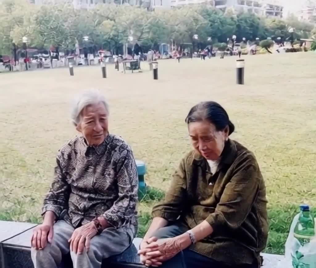 公园长凳上两位老人微笑合影，绿地背景