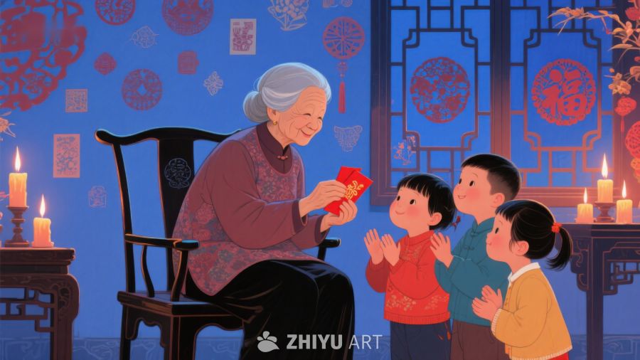 祖母分发红包，孩童喜笑颜开 135