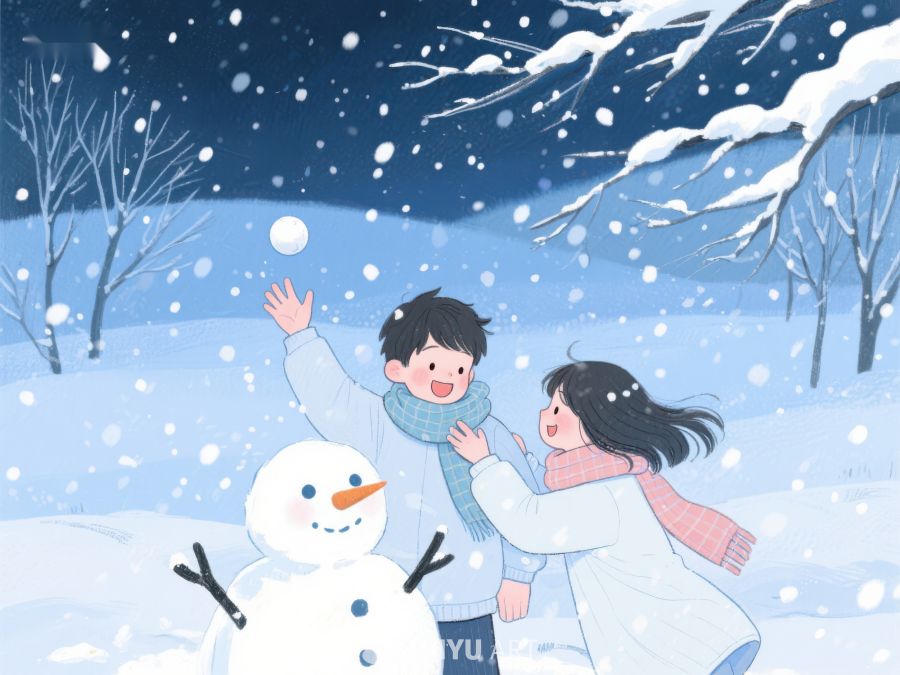 冬日雪景中，两人堆雪人嬉戏 95