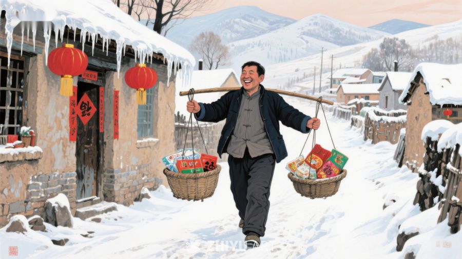 雪中挑担行，乡村年味浓 1147
