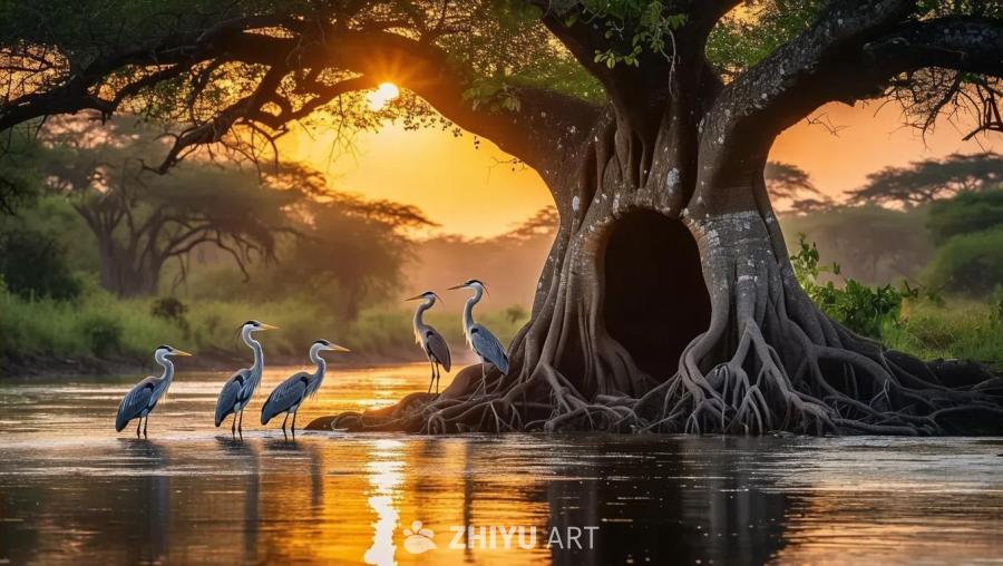 一条壮丽的河流流淌在一棵巨大的树旁。这棵树是一些苍