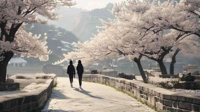 蜿蜒的石板小径两旁，梨花洁白如雪 3