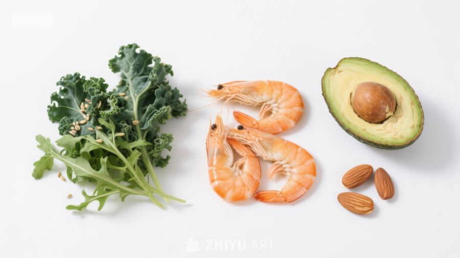 新鲜食材组合：虾仁、牛油果与绿叶菜
