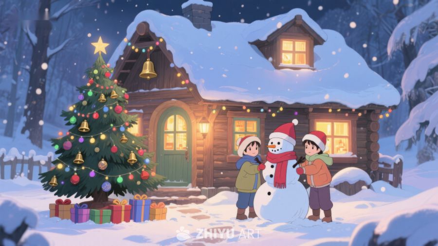 冬夜温馨小屋前的雪人与孩子们 84