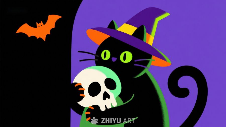 万圣节黑猫戴巫师帽抱骷髅