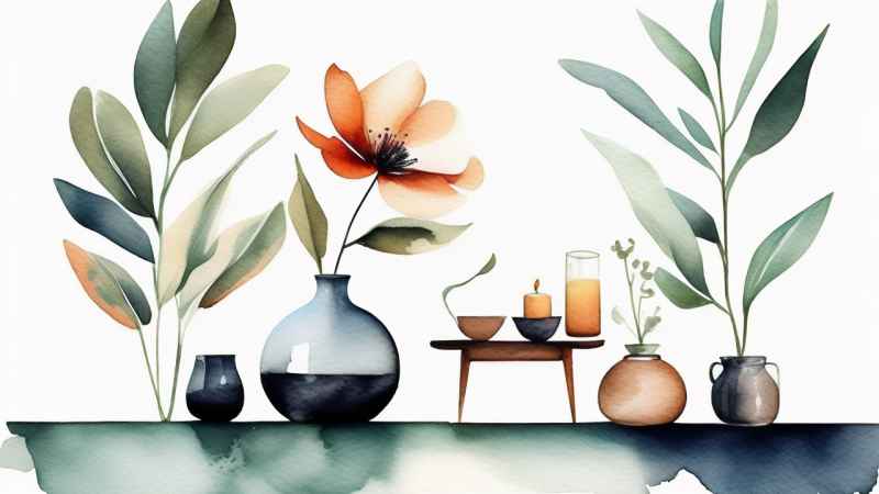 极简主义元素花朵和树枝插画