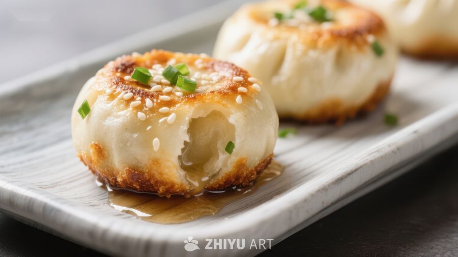 金黄煎饺，撒上芝麻与葱花