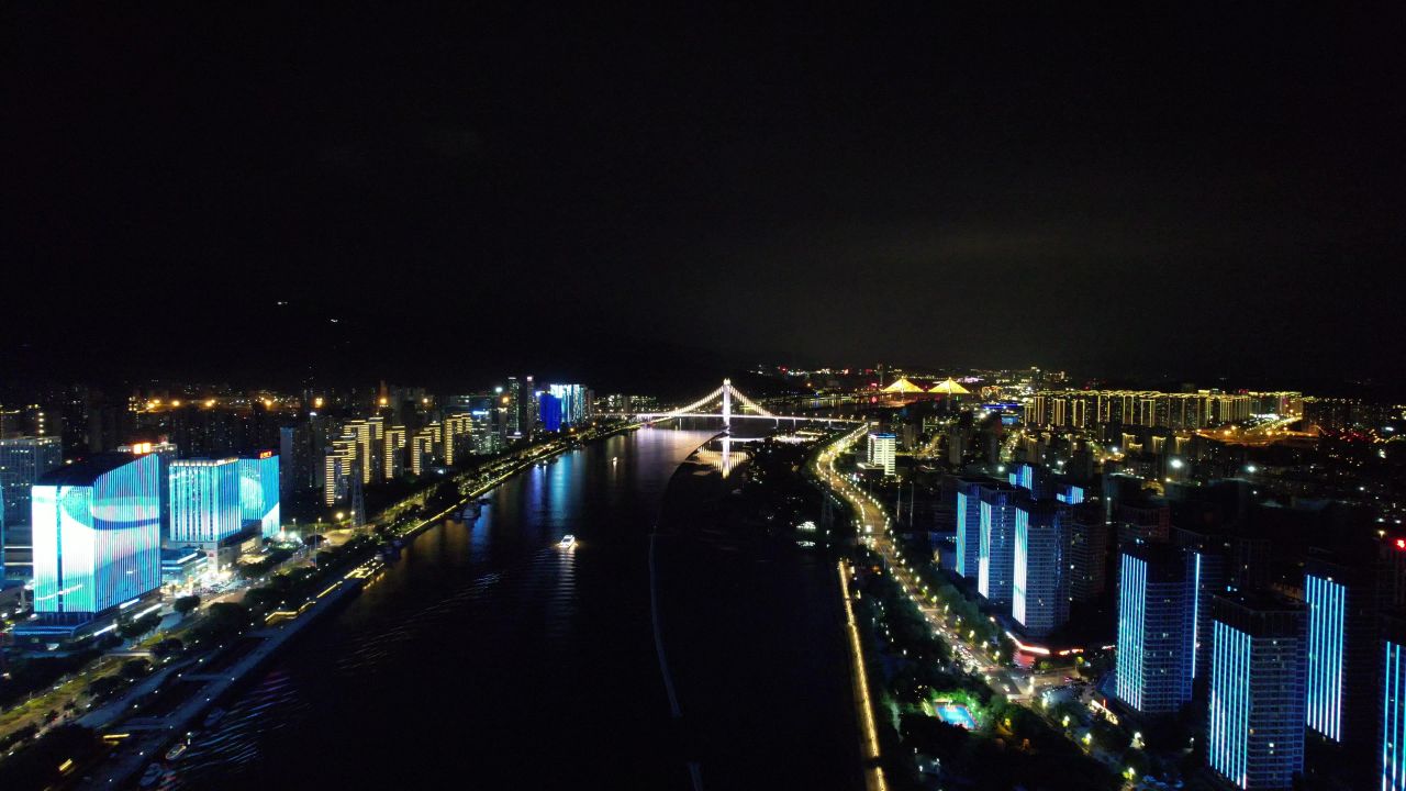 福建福州闽江两岸夜景航拍 