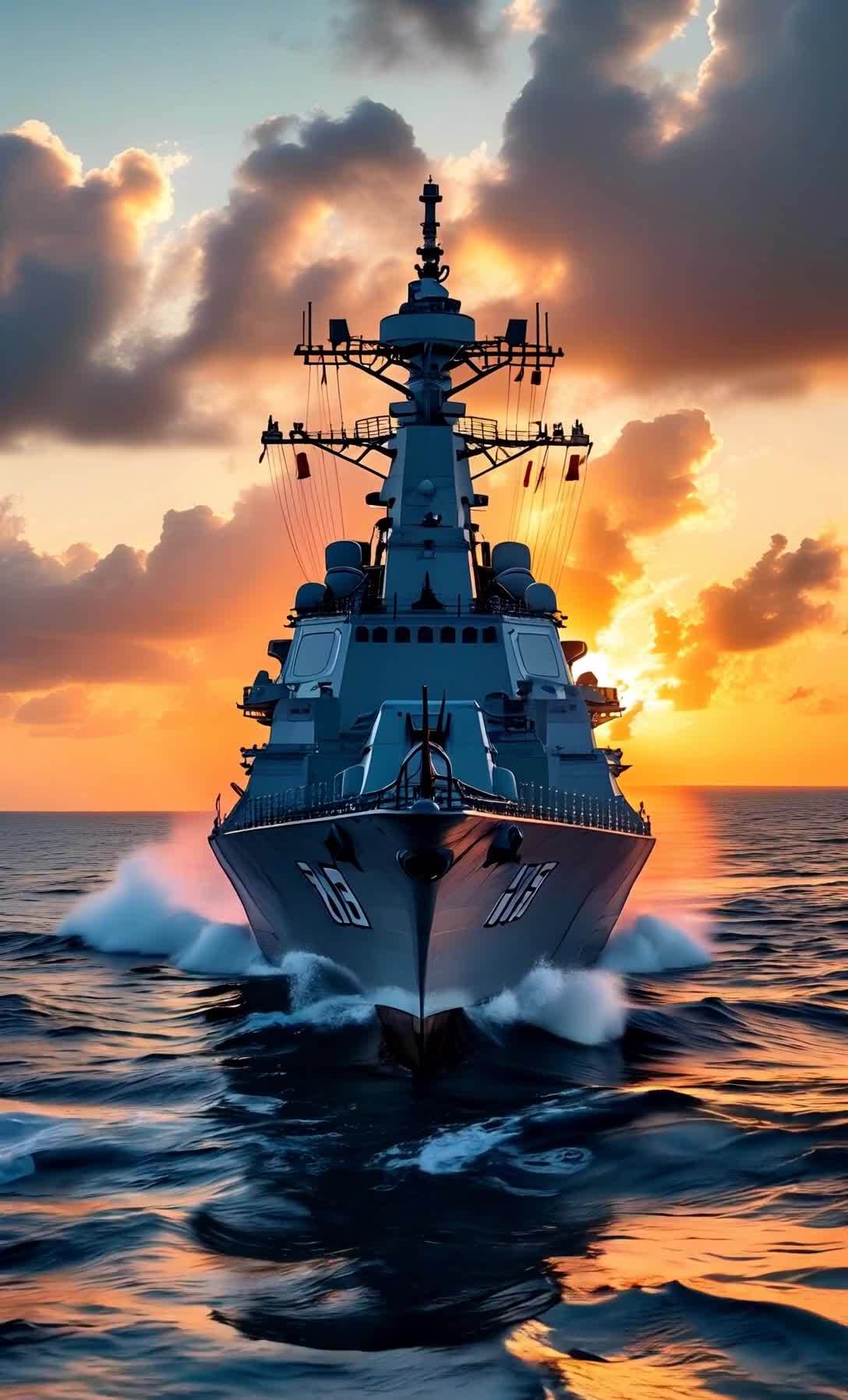 夕阳下116号军舰劈波斩浪航行