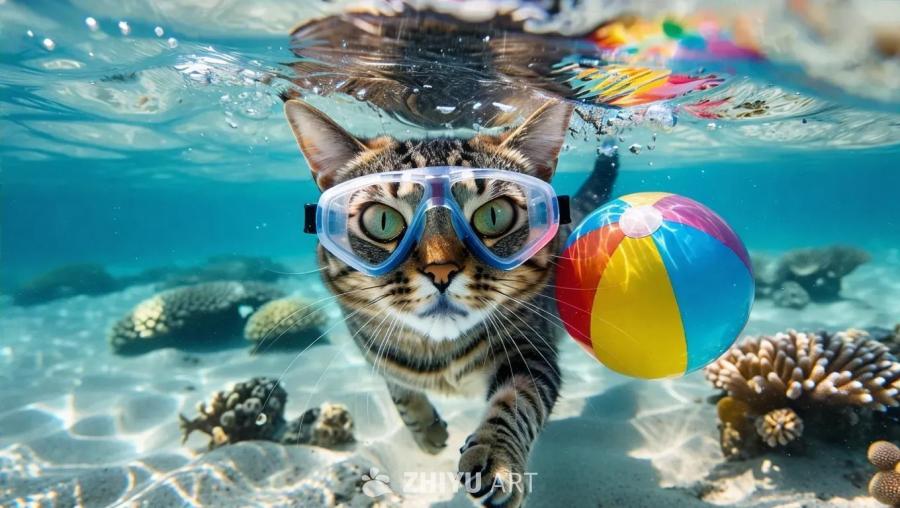 一只戴着蓝色泳镜的猫潜入清澈的水中，旁边漂浮着一个